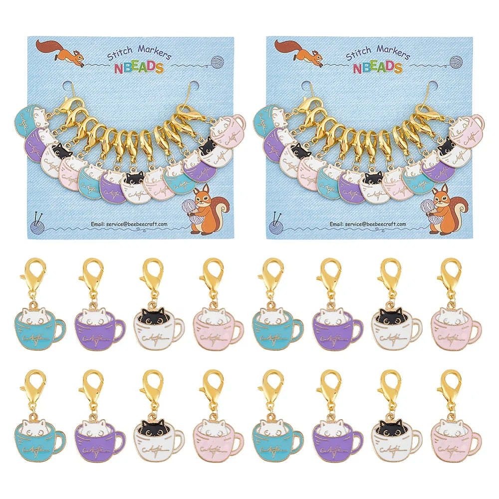 

24PCS Alloy Enamel Pendant Locking Stitch Markers with Zinc Alloy Lobster Claw Clasps Stitch Marker Cup with Cat Mixed Color