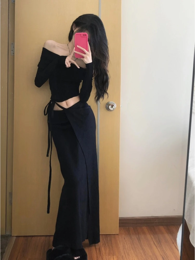 Women Fashion Two Pieces Set Slash Neck Long Sleeve Off Shoulder Irregular Crop Top + Autumn Y2k Ins Bandage Slim Elegant Skirts