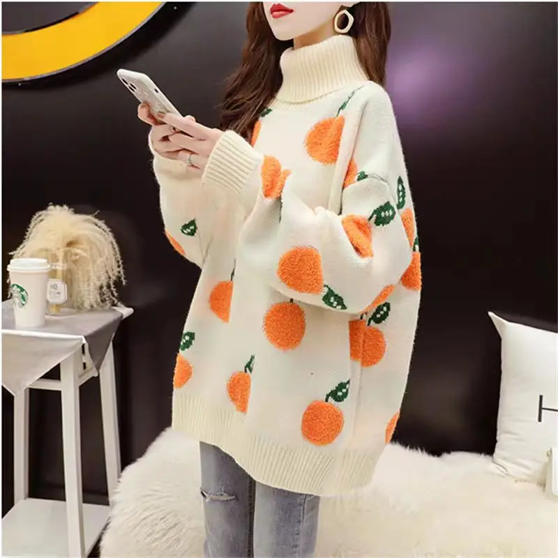 DAYIFUN Women Orange Embroidery Sweater Contrast Color Long Sleeve Turtleneck Knit Pullovers Female Autumn Fashion Loose Jumpers