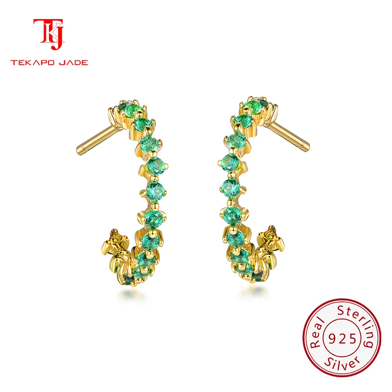 

TKJ JEWELS New 925 Sterling Silver Huggies Earrings for Women Dainty Elegant Green CZ Hoop Half Earring Jewelry Gift KE31125