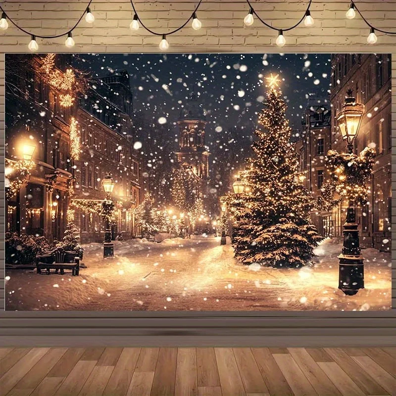 Ein 2D-flaches Stück Weihnachtsschnee-Straßenszenen-Polyesterhintergrund mit Lampenpfosten und Bäumen, geeignet für Weihnachten