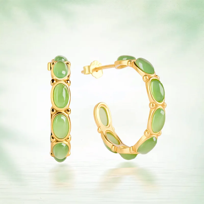 

Old Spicy Spinach Green Natural Hotan Jade Bead Chain Earrings S925 Silver Set Temperament Women's Jadeite Jewelry Drop Shipping