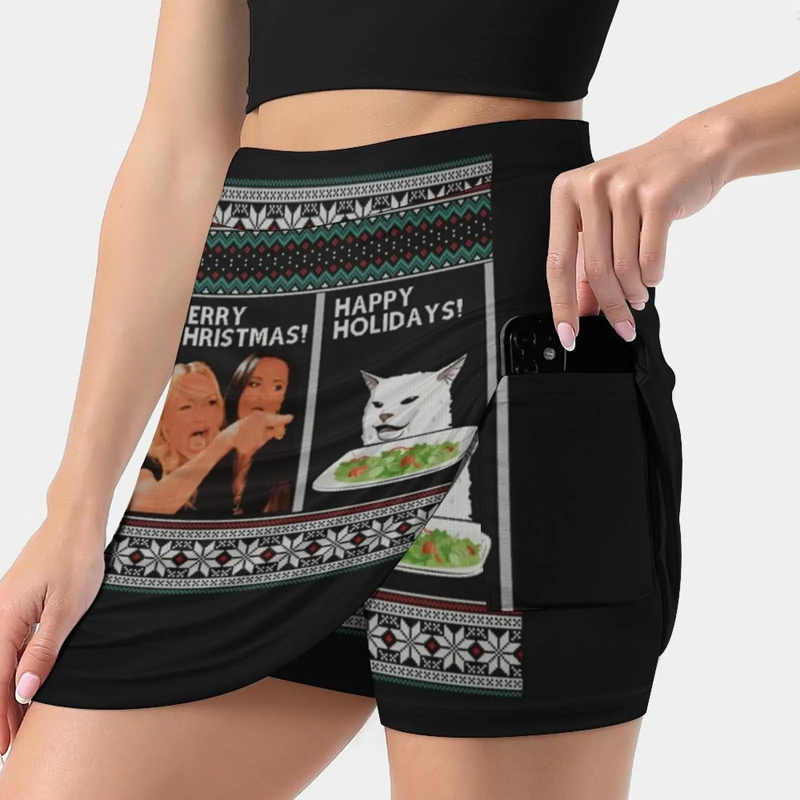 Woman Yelling At A Cat Meme Ugly Christmas Sweater Gift Fake Two-Piece Hakama Skirt Women Pencil Skirts Workout Sports Mini