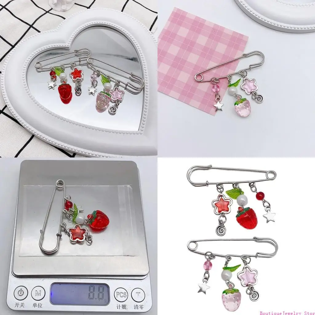 E1PE Elegant Sweater Shawl Clip Clasp Pin Strawberry Pendant Brooch Stylish Accessary