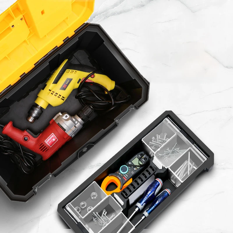 Storage Plastic Tool Box with Removable Tray,Small Tool Box Organizer with Screw Box, Yellow Hardware Organizer for Home