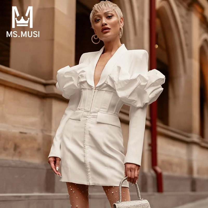 

MSMUSI 2024, новая мода, женское сексуальное платье Falbala с оборками и длинными рукавами, облегающее вечерние клубные блейзеры, мини-платье, новогоднее платье, Vestidos