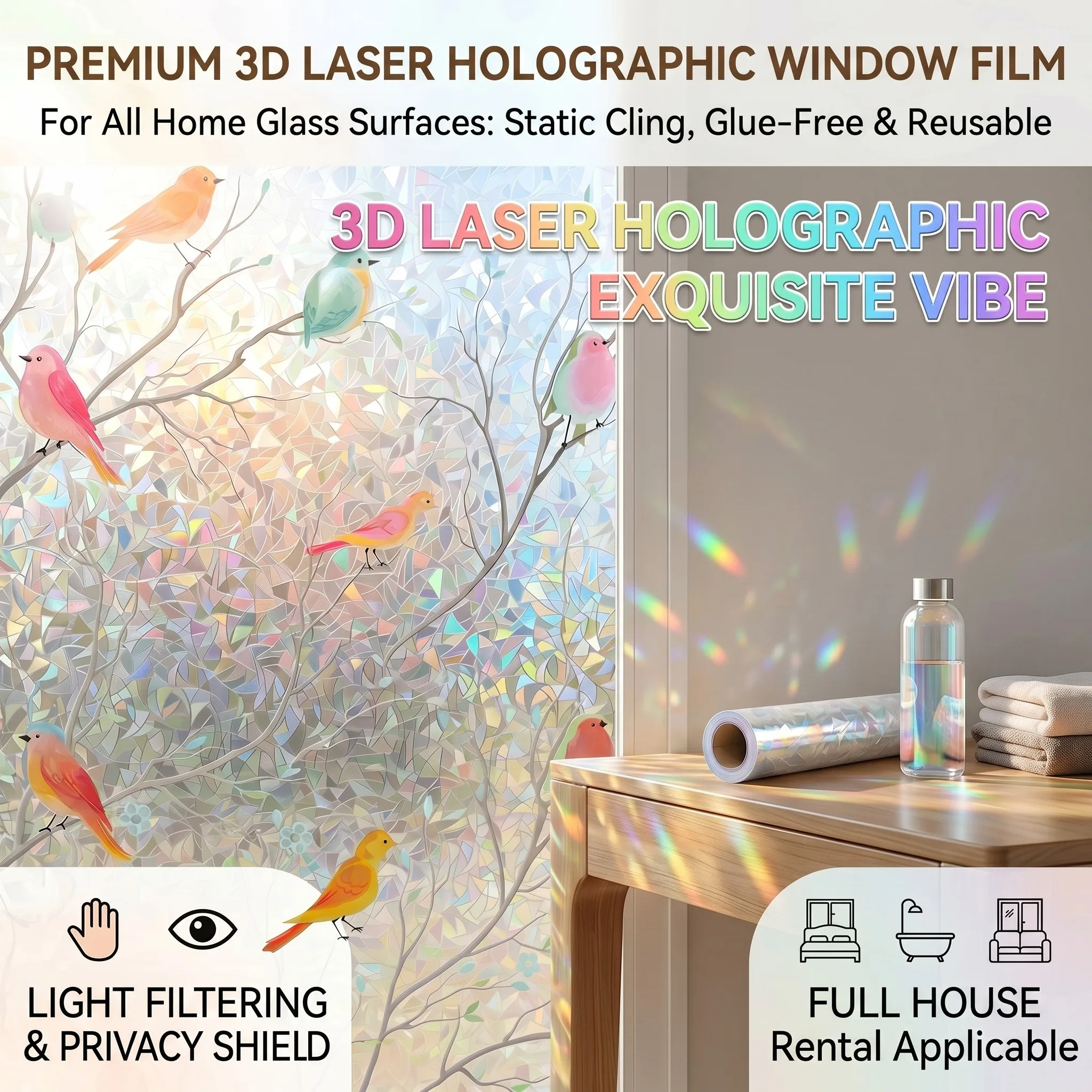 Vogel-Baum 3D Holographische Sichtschutz-Fensterfolie Statisch Haftende Regenbogen-Glasaufkleber für Heimdekoration
