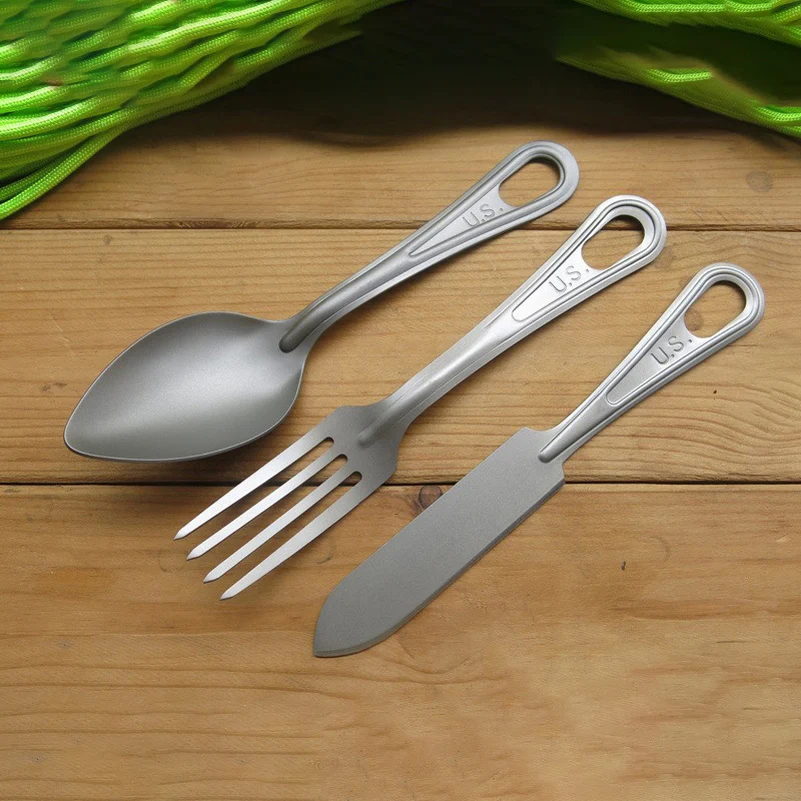 Titanium / Stainless Steel U.S. LOGO US Army M1926 Style Camping Tableware Set Knife Fork Spoon Outdoor Travel Camp EDC Tools