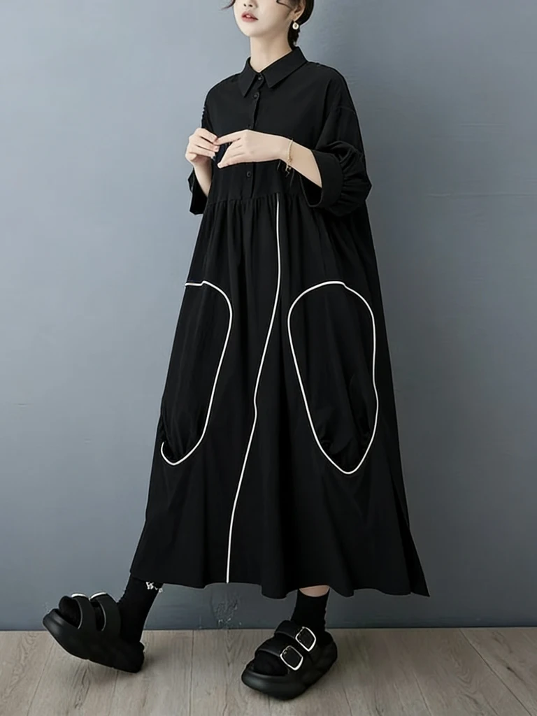 Dark Style Irregular Color Block Shirt Dress Korean Version Women's Spring Autumn Casual Long Sleeve Button down Dresses