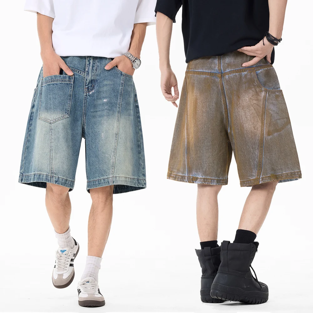 

Washed Denim Splice Cargo Shorts Men Streetwear Fashion Hip Hop Vintage Loose Casual Baggy Jeans Shorts Pants Trousers