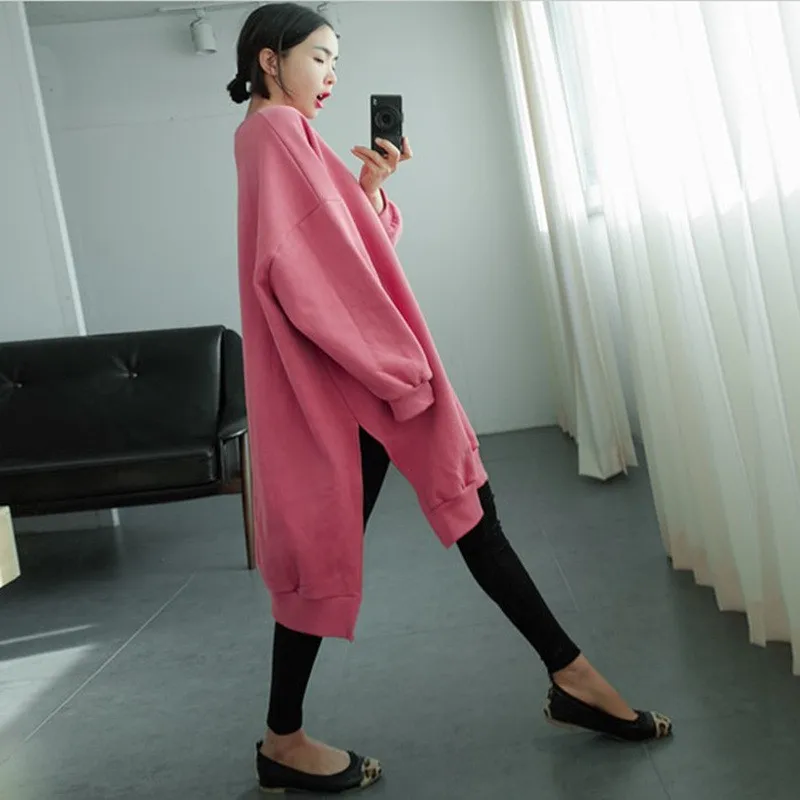 Johnature 2024 New Solid Color Women Sweatshirts Autumn Winter Long Slits Loose O-neck Pullover Female Hoodies