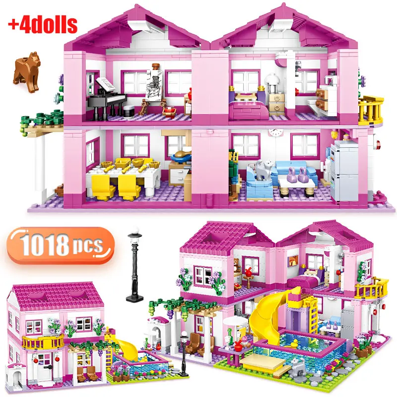 

1 Change 3 City Summer Double-storey House Slide Swimming Pool Building Blocks Friend Figures Bricks Toys for Girls Gift