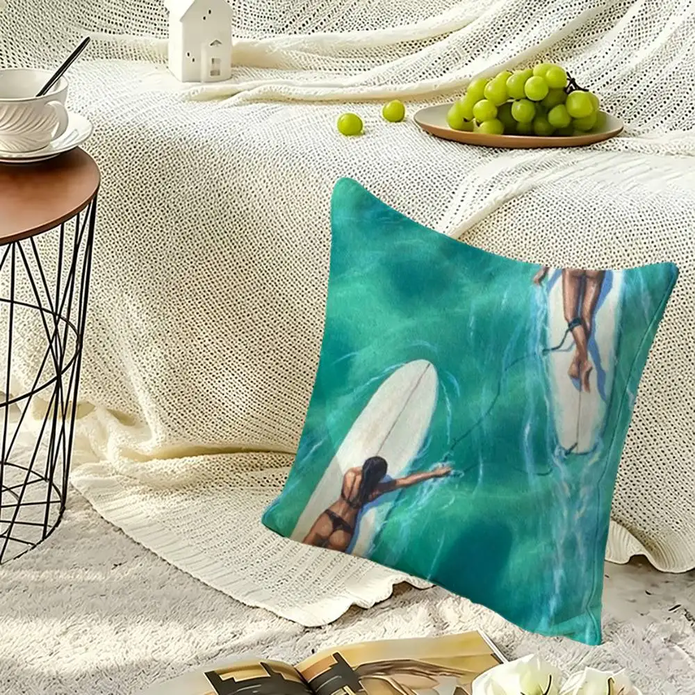 Surfboard Surfing Art Surf Girl Soft Pillow Shell For Sofa Living Space Bedroom Headboard Backrest Square Cushion Cozy