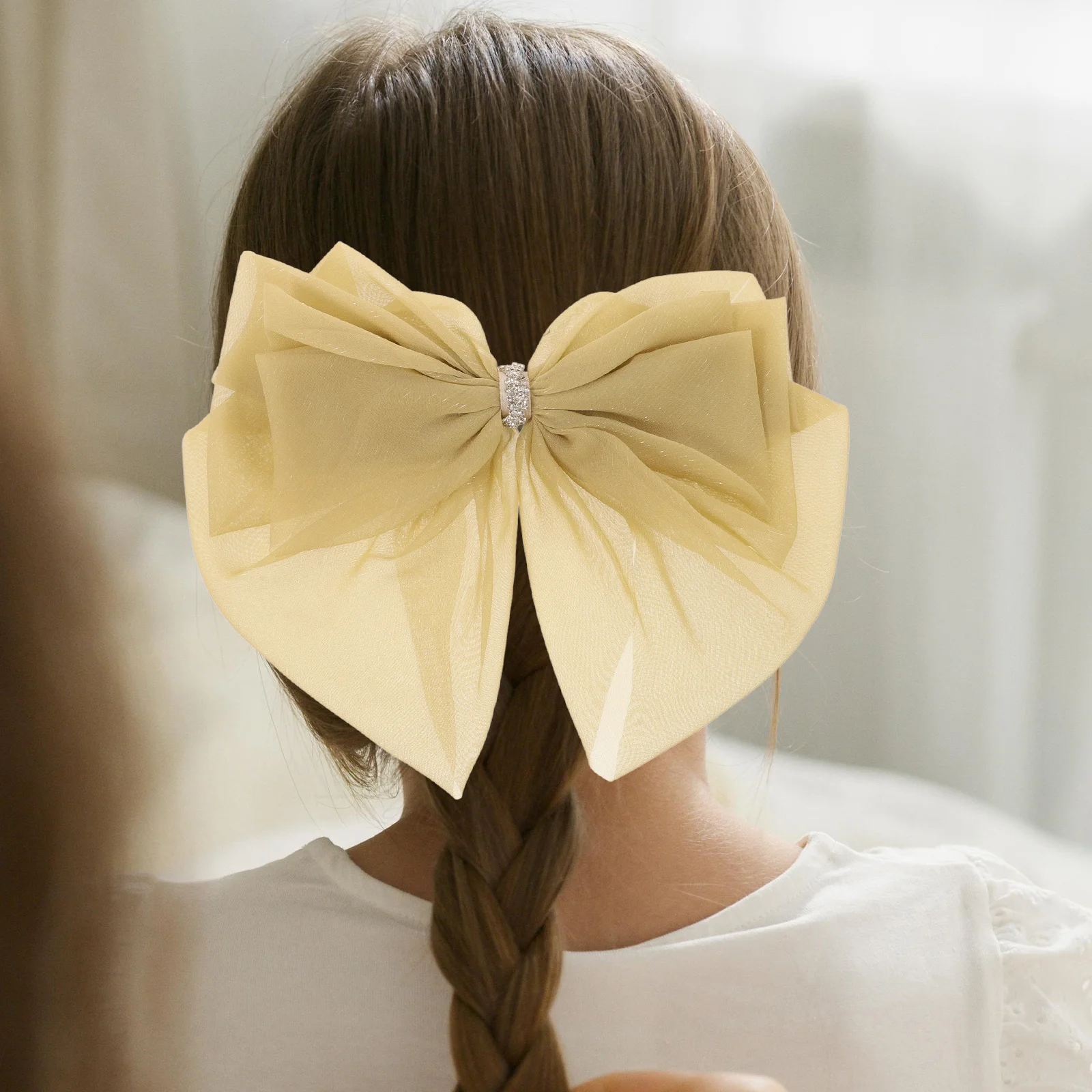 

Mesh Fabric Ribbon Bow Hair Barrette Large Spring Clip Big Bowknot Hairpin Elegant Rhinestone Hair Accessories