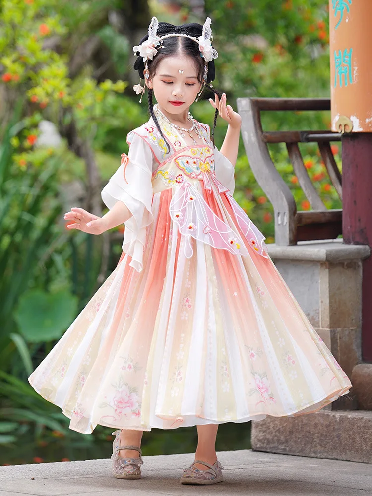 

Summer Children Pink Butterfly Embroidery Hanfu Ancient Chinese Traditional Costume Girl Fairy Party Stage Dress