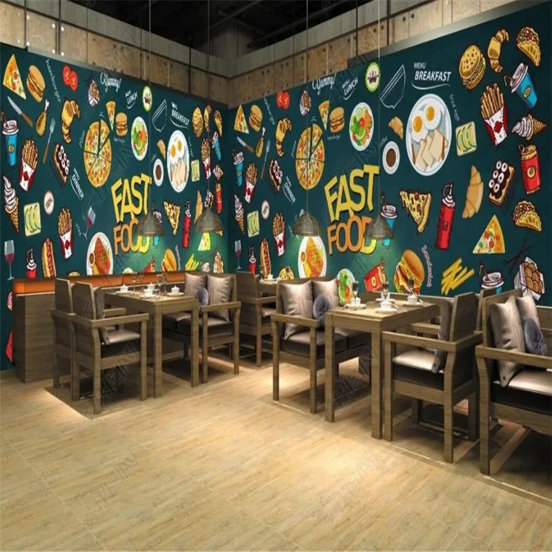 

Custom Size Retro Hand-painted Pizza Burger Fast Food 3D Wall Paper Restaurant Industrial Decor Mural Self-adhesive Wallpaper