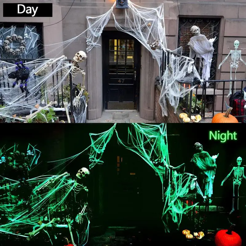 

Halloween Decoration Artificial Spider Web Creepy Halloween Glowing Super Stretch Cobweb With 60 Fake Spiders Horror House Props