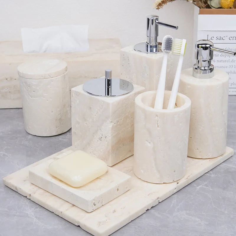 Support customization Wabi-sabi Wind Travertine Washroom Set Bathroom Set Natural Marble Stone Tray Storage Shooting Props