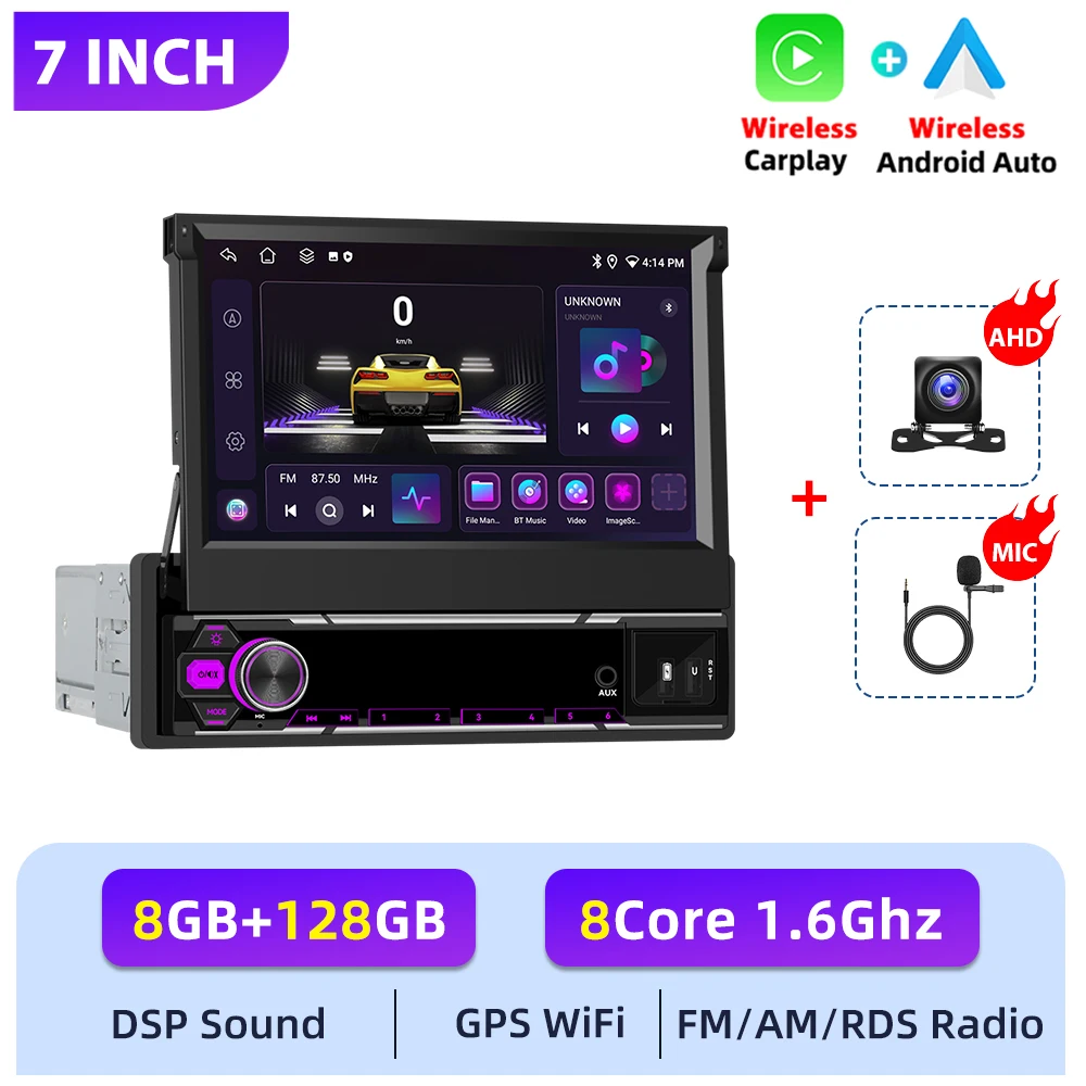Podofo 1DIN 6+128G Auto Intelligent Systeem Carplay Android Auto GPS Mirror Link WIFI GPS FM Auto Audio Handmatig Telescopisch Scherm