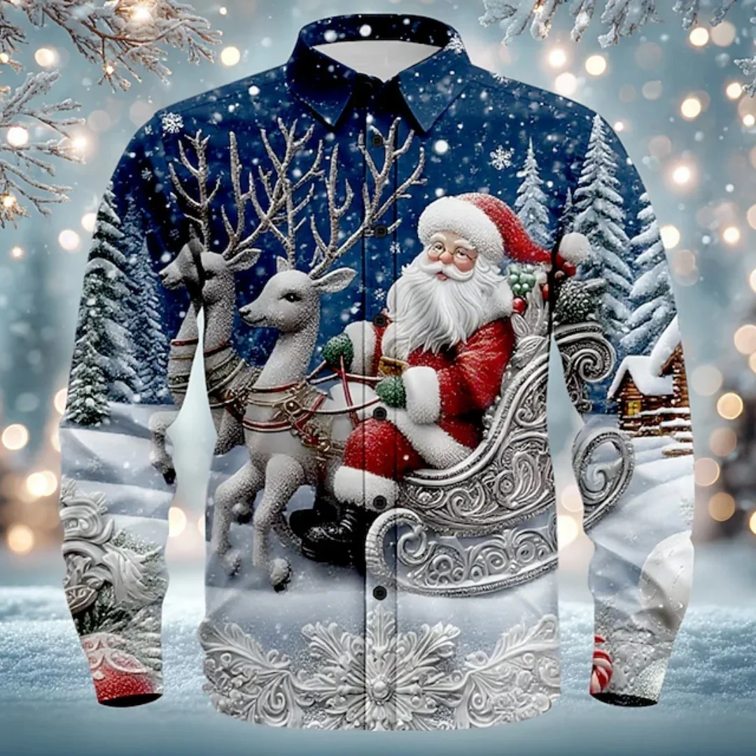 New Men's Long Sleeve Shirt Christmas Santa Claus Reindeer Christmas Costume Shirt Streetwear Casual Comfort Slim Fit Shirts