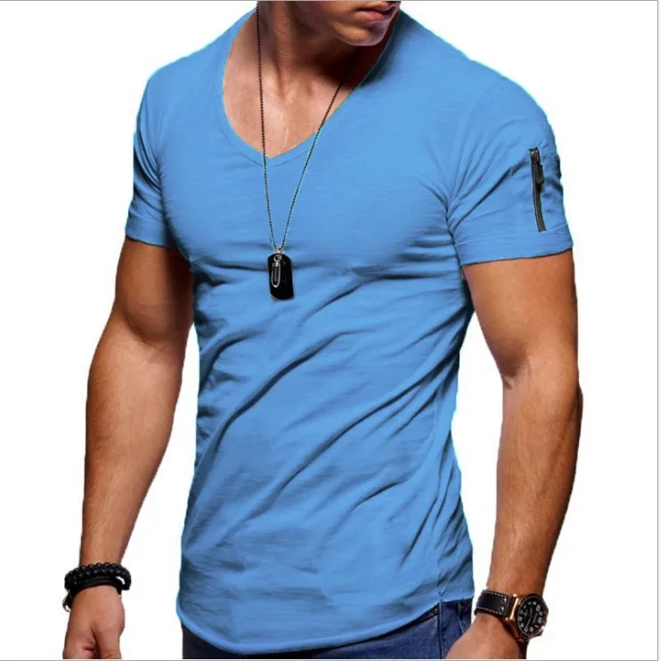 Camiseta de manga curta masculina, tamanho grande, decote em v, camiseta casual, pulôver monocromático, verão, 2024