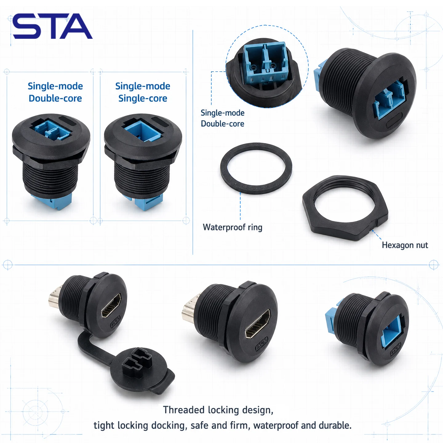 EP FDDI IP67Waterproof Connector SC/LC Single Mode Single/Double Core Fiber Optic Internet Cable Bulkhead Mount Aviation Socket