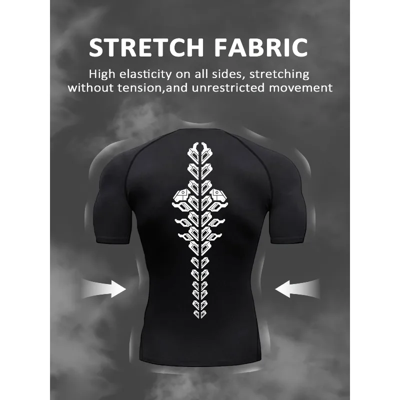 

Mens Compression Fit Short Sleeve Spine Print Athletic Shirt Four Way Stretch Crew Ideal for Spring Summer Sports Gym Training