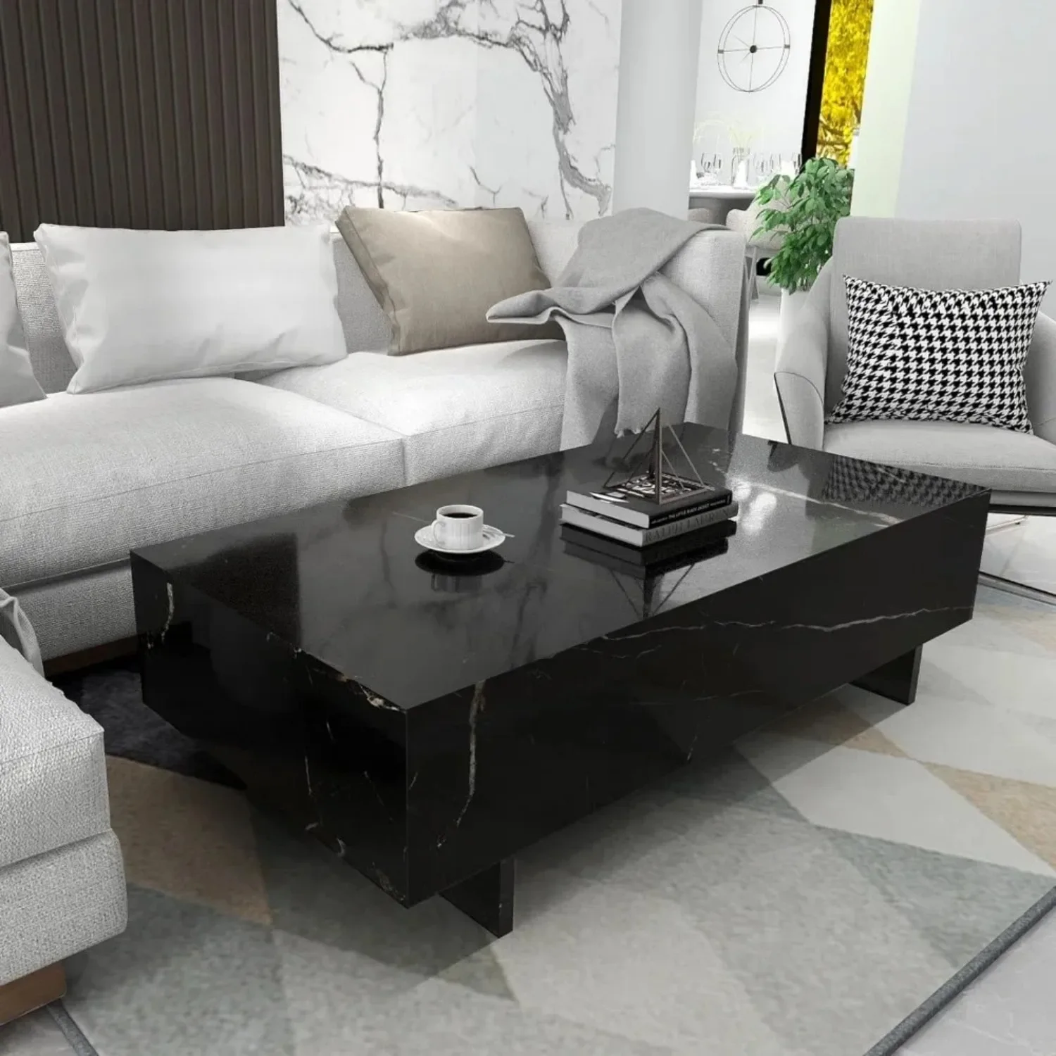 Marble Rectangle Coffee Tables for Living Room,Modern Side Table,Contemporary High Gloss Elegant Center Table