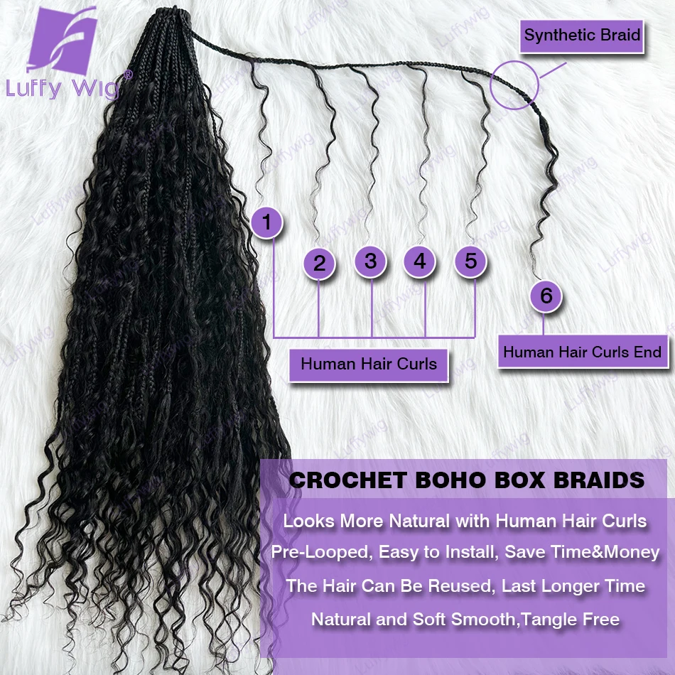 Trenzas de ganchillo con cabello humano rizado, trenzas de caja de ganchillo Boho con rizos de cabello humano, trenzas de diosa, cabello de ganchillo con extremos rizados