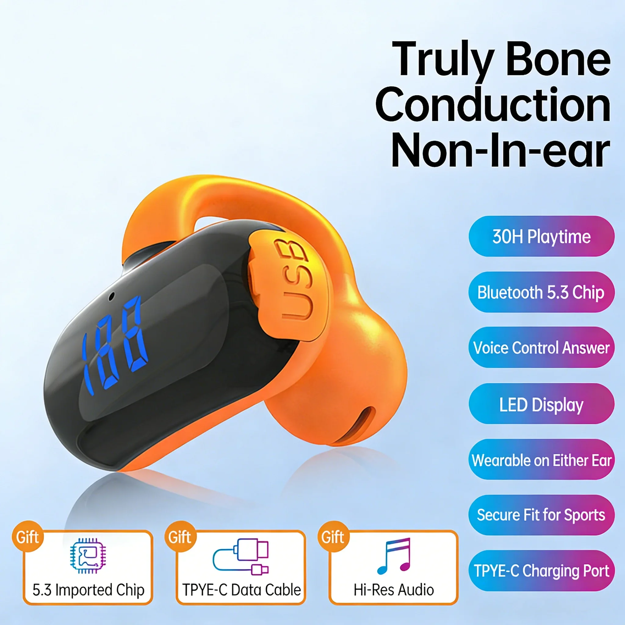 

Single Ear Bone Conduction Headphones Bluetooth 5.3 Open Ear Clip on Wireless Earphones IPX6 Waterproof LED Screen for Sports