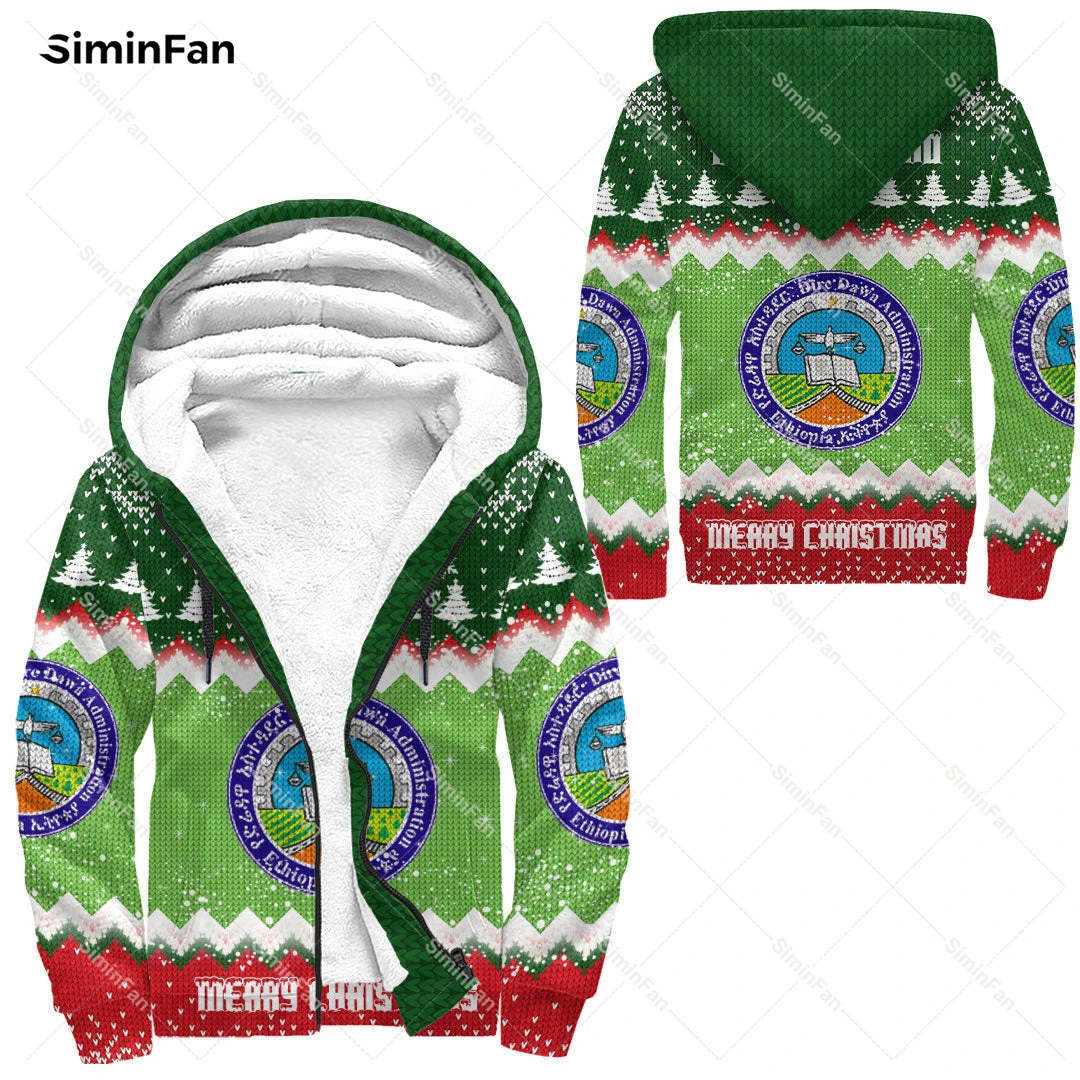 Ethiopia Merry Christmas 3D Printed Flannel Jacket Fleece Zipper Hoodie Winter Thick Coat Windproof Outwear Warm Hooded Pullover