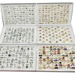50pcs/Lot Factory Wholesale Mix Style Finger Rings For Women Evil Eye Vintage Animal Fake Opal Colorful Crystal Jewelry Party