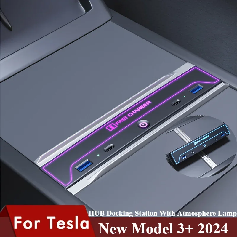 For Tesla Model3 Highland 2024 HUB Docking Station Central Control USB Fast Charger RGB Atmosphere Lamp Modification Accessories