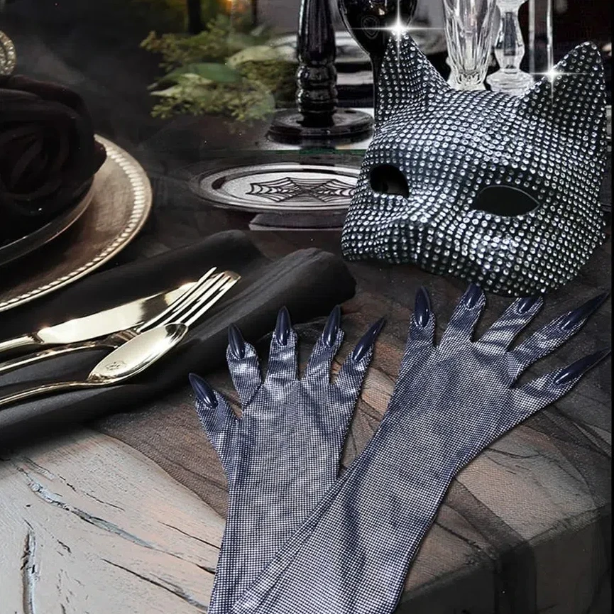 Ensemble de gants et masque demi-visage pour chat et fille, accessoire de Cosplay, strass, masque facial pour femme, Costume de fête d'halloween