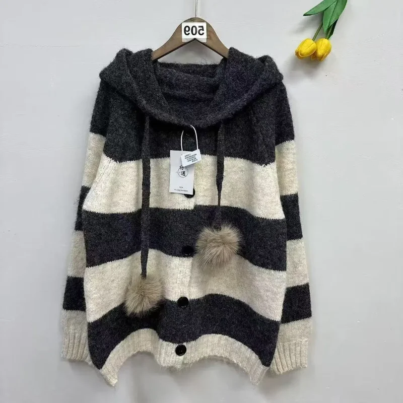 

Новый стильный полосатый пуловер с капюшоном, кардиган, простой, свободный, ленивый и мягкий