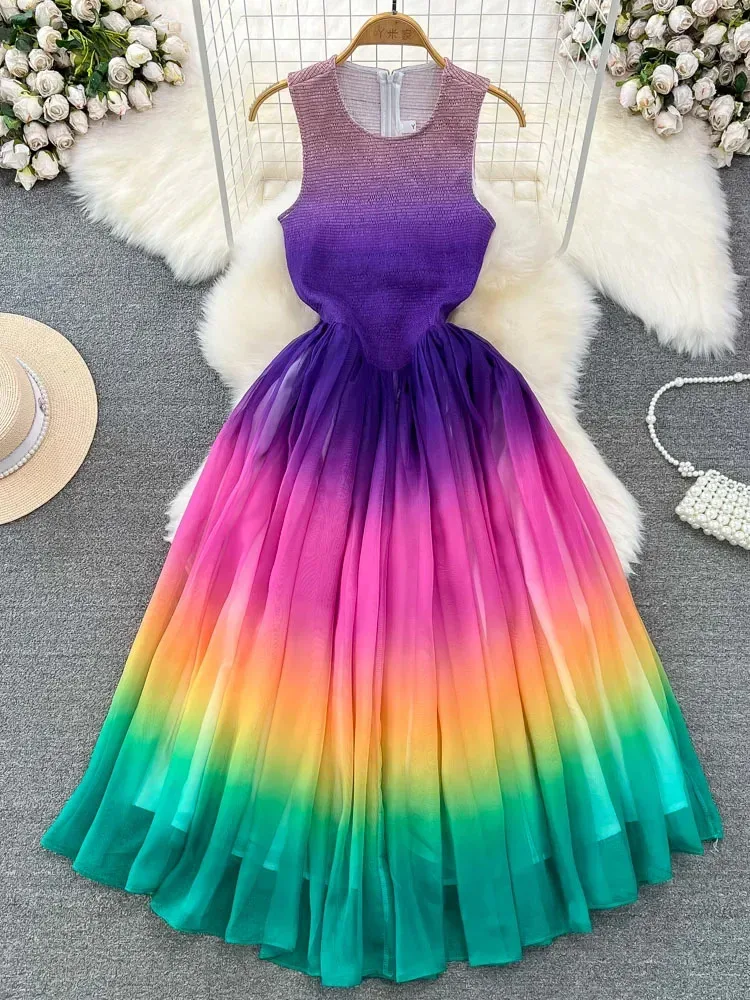 Women Summer Vestidos Fashion Style Sleeveless Round Neck Waist Wrapped A-Line Rainbow Gradient Elegant Chiffon Dress D5616