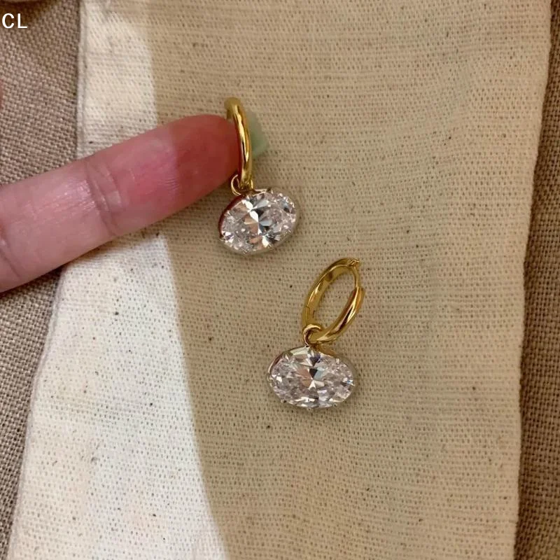 Fresh Elegant Simple High End Fashion Oval Zircon Diamond Pendant Earrings Retro Minimalist Diamond Ear Buckle For Women Jewelr