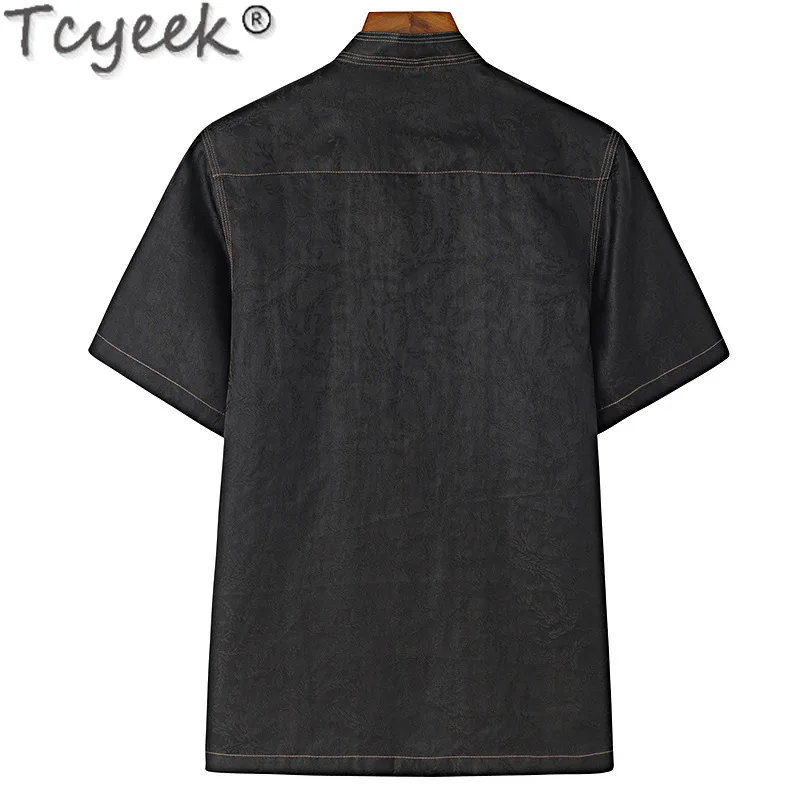 Tcyeek 100% Real Mulberry Silk Shirt Men Summer Clothes Fashion Short Sleeve Top Stand Collar Mens Shirts Chinese Style 2024