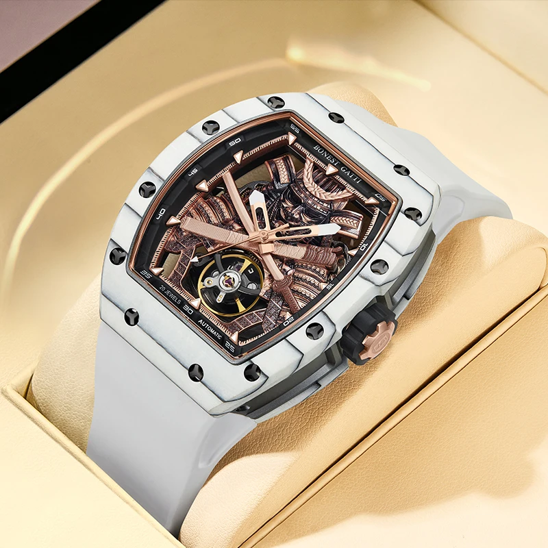 BONEST GATTI Samurai Skeleton Automatic Watch Men Tonneau Carbon Fiber Sapphire Crystal 3ATM Waterproof Fluororubber Strap Watch