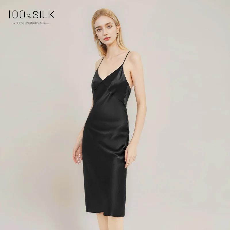 Sexy Slim 100% Mulberry Silk Slip Dress,Plus Size Mid Length Ladies Sleepwear Loungewear