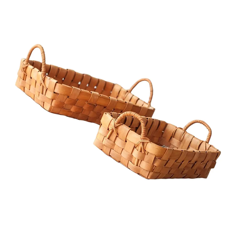 

2pcs Wooden Service Tray Dual-Handle Design Food Storage Plate Snacks Fruit Bread Practical Hand Knitting Food Tray
