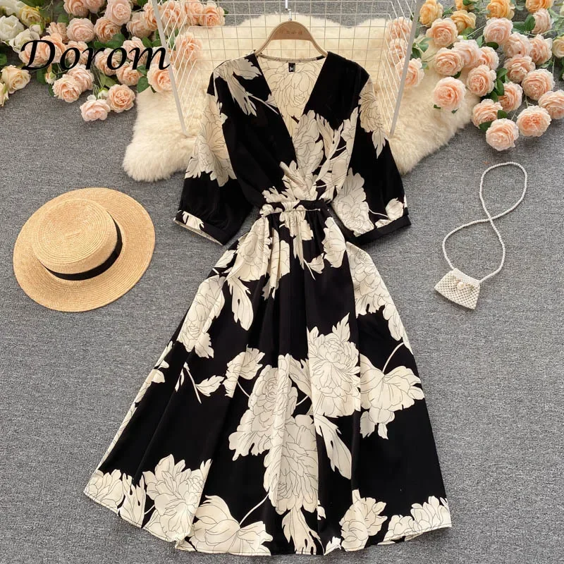 Summer V-neck Floral Long Dress Women Elegant Ruffle Sleeve Elastic Waist Chiffon Midi Dress Korean Style Vintage Party Vestidos