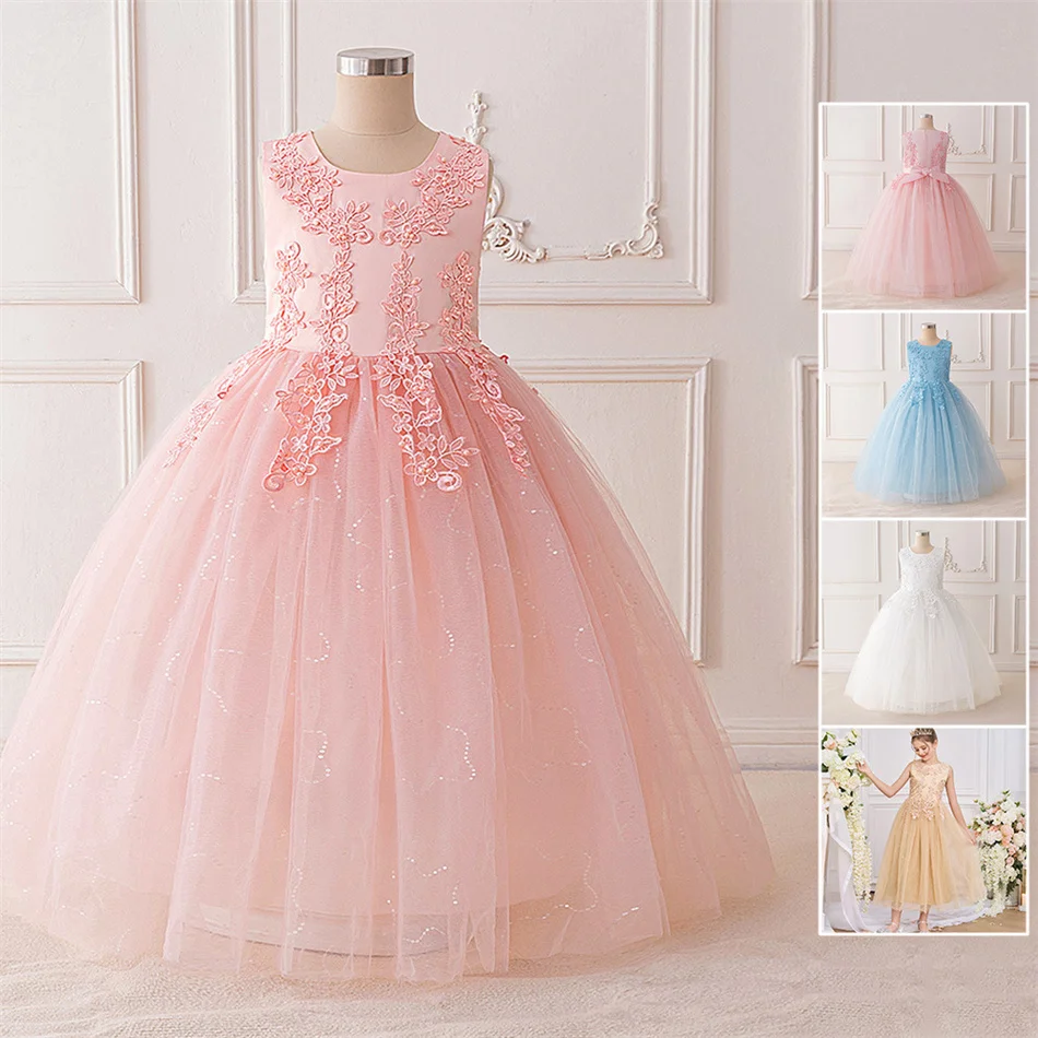 

Children Sleeveless Floral Ball Gown Girls Fashion Show Party Princess Dress Kids Wedding Birthday Performance Solid Clothes