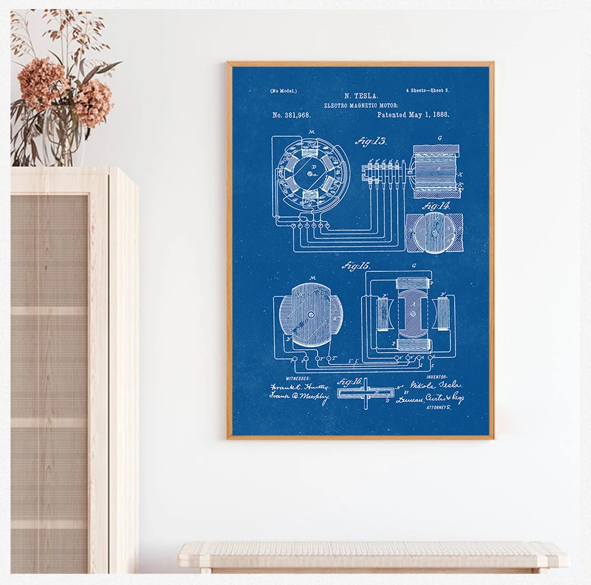 and Prints Artwork Magnetic Motor Wall Art Canvas Painting Gift Home Decor Nikola Tesla Motor Patent Blueprint Vintage Posters