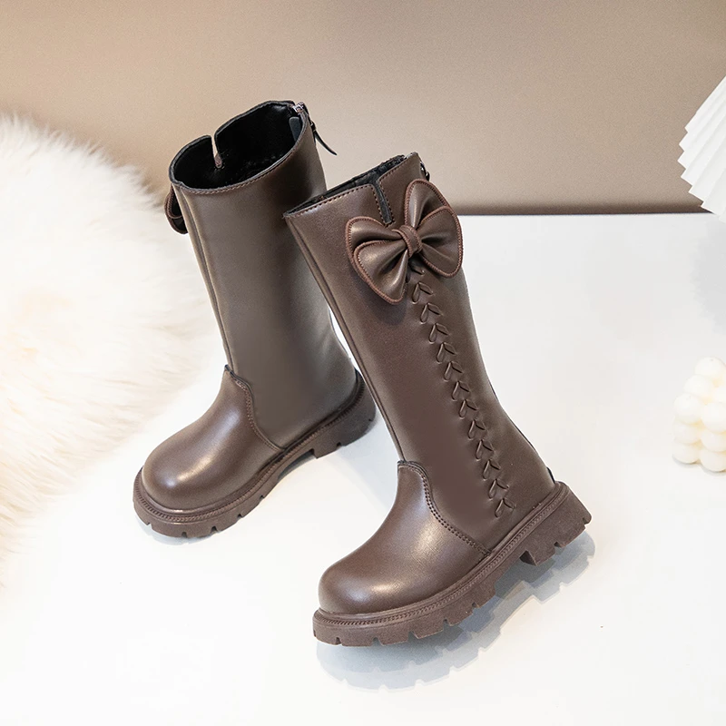 الفتيات أحذية الأميرة نمط الاطفال أحذية طويلة الحلو الأقواس الكبيرة الخريف الأطفال أحذية عالية أصابع مستديرة الجانب البريدي الاطفال أحذية لفتاة #6