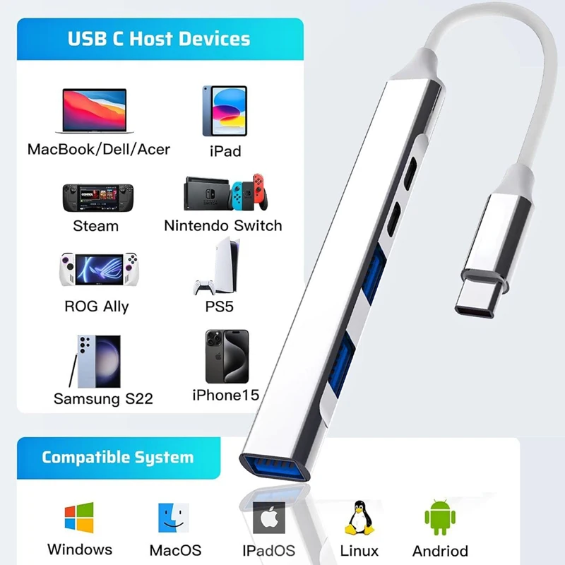 PD Charge USB C HUB Splitter Type C 3.0 Aluminum 5 in 1 Extend Fast Date Transfer Tablet Devices Computer Pc Macbook Accessories