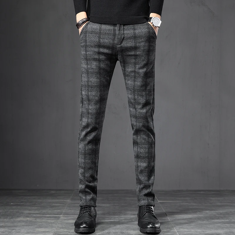 Spring Autumn Men's Korean Casual Pants Slim Straight Brushed Plaid Stretch Fashion Man Pants Office Social Business Trousers