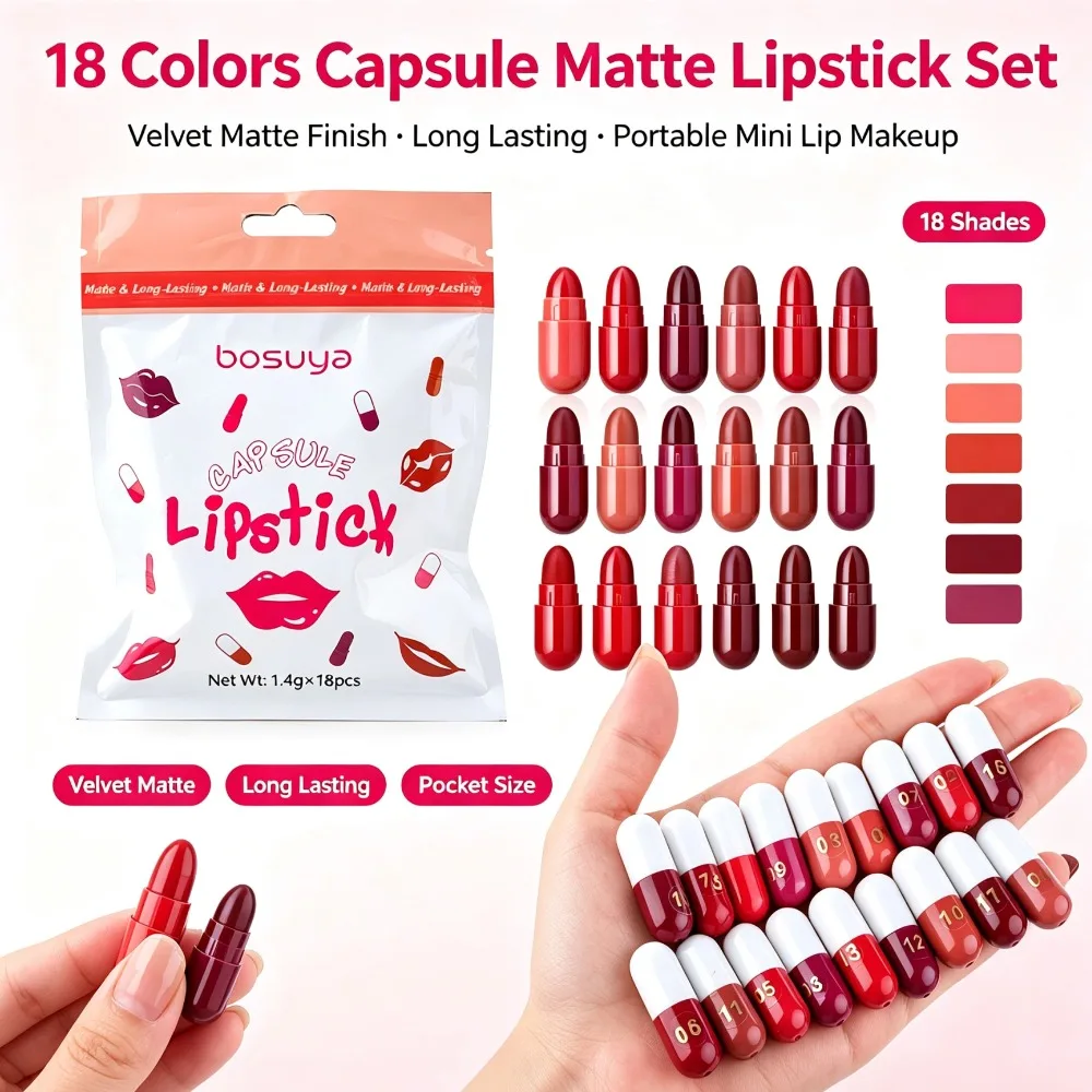 Mini Capsule Lipstick Set Matte Velvet Long Lasting Lip Gloss Non Smudge Lip Makeup Cosmetic Travel Style For Women 18 Shades