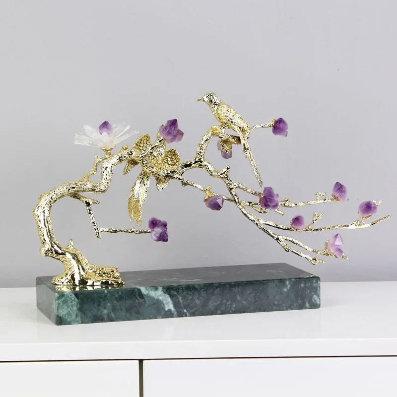 Amethyst Tree Golden Tree Metal Handicraft Crystal Sculpture Handmade Crystal Statue Metal Decorative Figurines Home Decoration