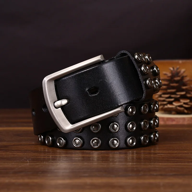 38-センチメートルメンズ手作り牛革ベルト男性本革ファッション人格パンクリベットオートバイワークパンツベルト